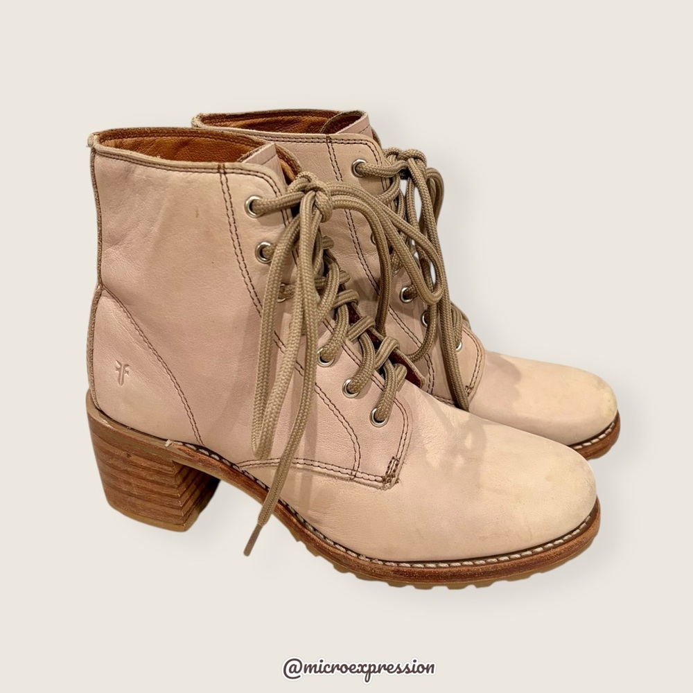 $399 Frye Sabrina 6G Lilac Pink/Cream Leather Lace Up Block Heeled Ankle Booties - Picture 12 of 16
